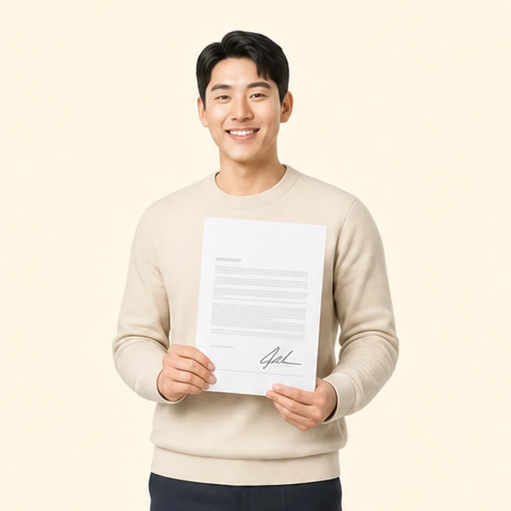 그랑콜레오스 중고차 장기렌트카 서면 견적서를 들고 있는 고객